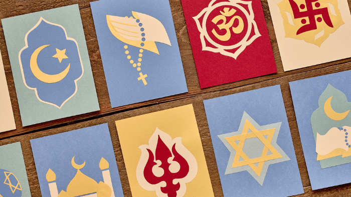 Display of cards with symbols from different religious faiths