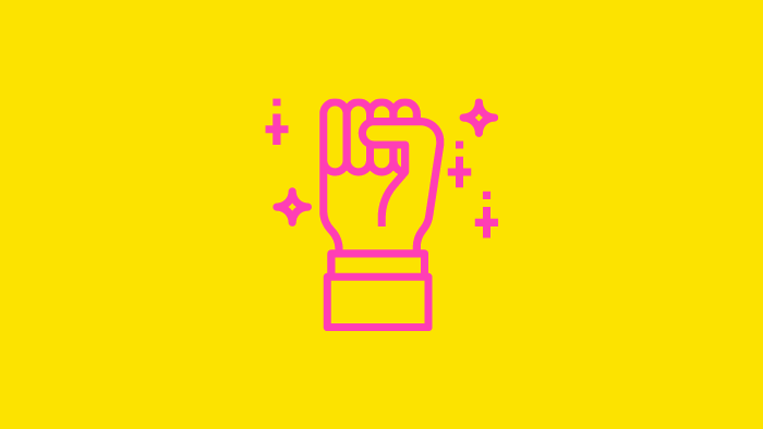 Line drawing of a raised fist with stars around it.