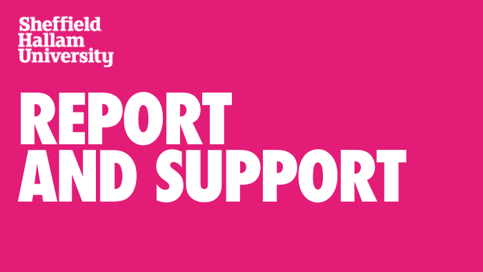 The words report and support on a pink background with the Hallam logo.