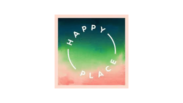 Logo for happy place podcast. white text on green backdrop
