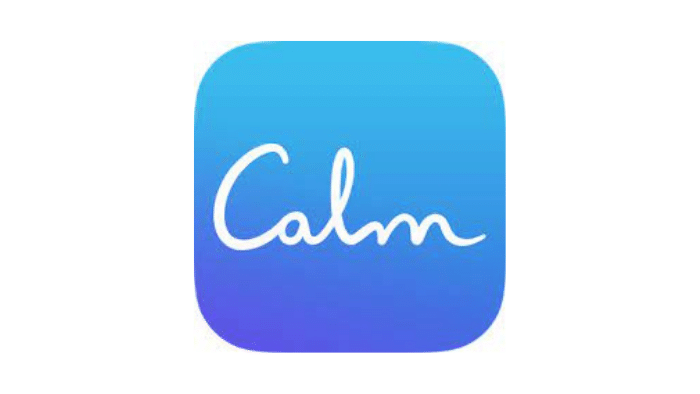 Logo for Calm app. white word calm on a blue backdrop