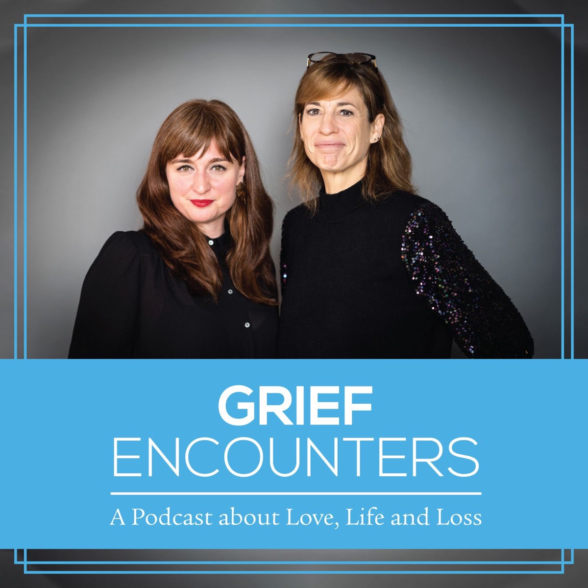 Image of presenters of the grief encounters podcast. two white women