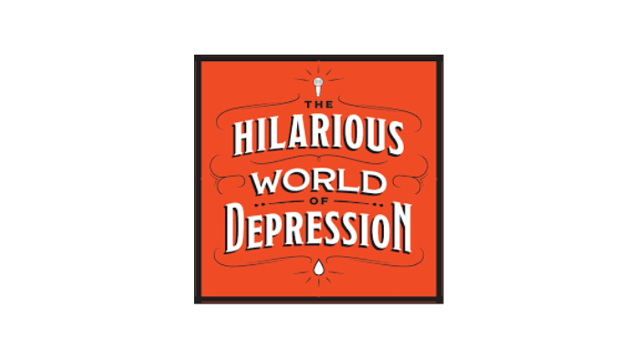 Logo for hilarious world of depression podcast. white words on an orange backdrop