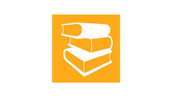 logo for self help app. white books on orange backdrop