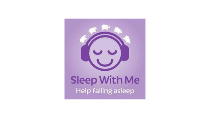 Logo for sleep with me podcast. a head with headphones on and sheep around it on a purple background