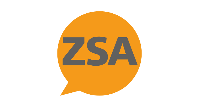 ZSA written in black on an orange speech bubble background