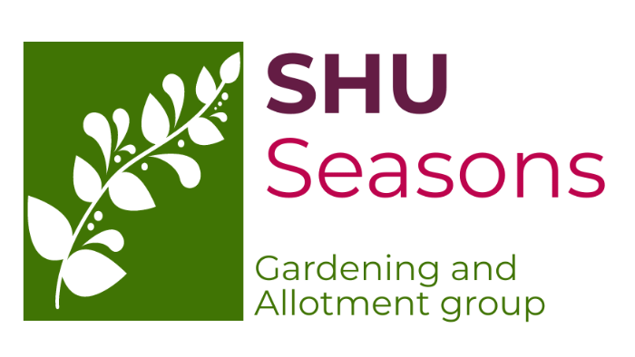 SHU Season Gardening Group logo - a white leaf on a green background