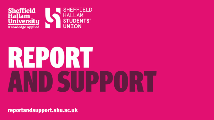 Report and Support Logo on Hallam Pink background