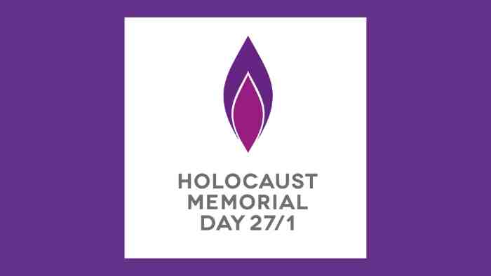 Holocaust Memorial Day logo with a purple flame graphic and the text Holocaust Memorial Day 27/1