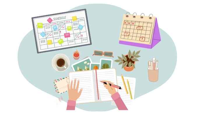 Illustration of a study space with a variety of organisation and time management tools