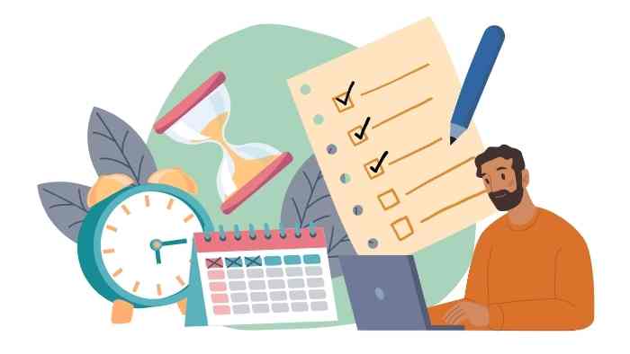 Illustration of person with a variety of organisation and time management tools