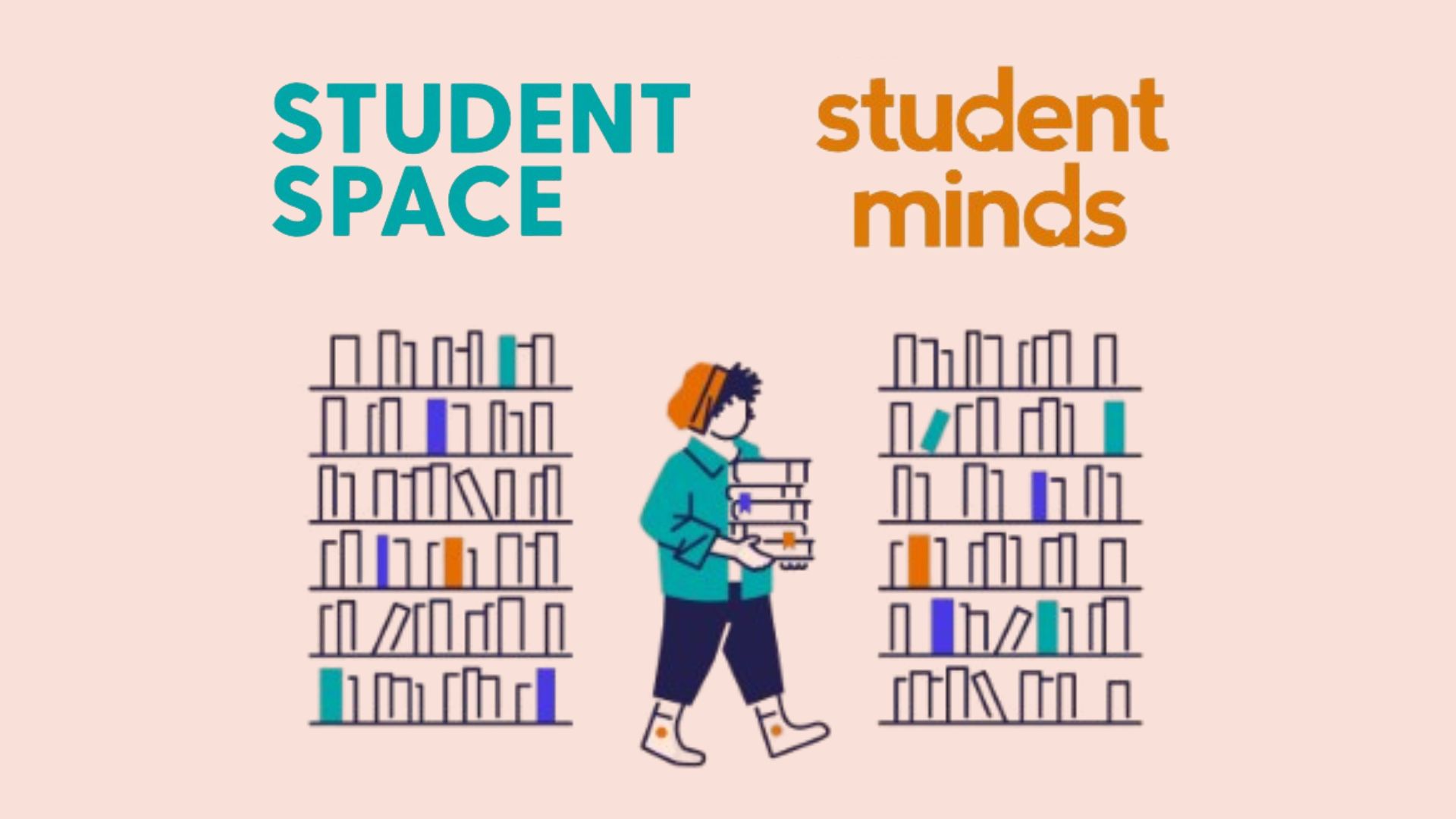 Illustration of a student carrying books around bookshelves with the words Student Space and Student Minds