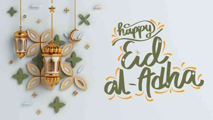 An image of decorative green and gold shapes with decorative gold lanterns hanging and the words 'happy Eid Ul Adha'