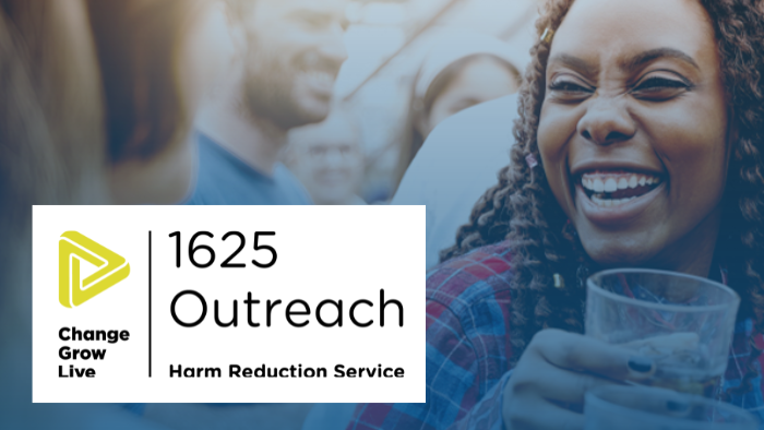 Image of people drinking and socialising with the 1625 outreach logo