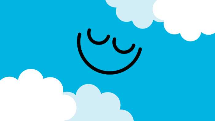 Blue background with clouds and a relaxed looking cartoon face