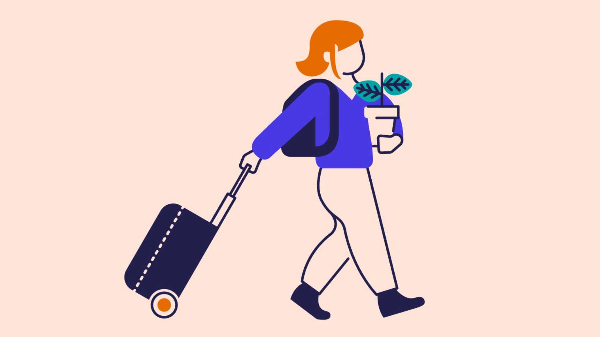 Cartoon image of a student with luggage and a plant walking