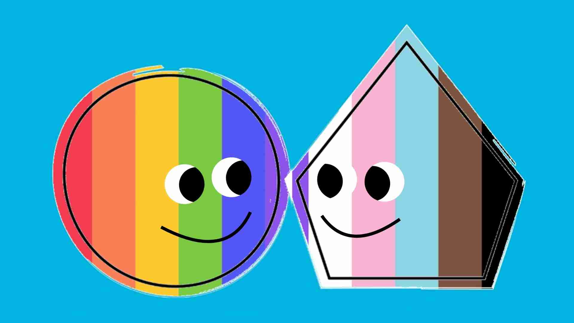 Student Wellbeing and Belonging circle and pentagon shaped characters smiling at each other with colours replaced by the stripes from the LGBTQIA+ flag colours