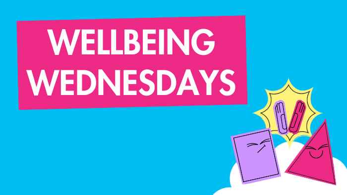 Hallam pink banner saying Wellbeing Wednesdays with the wellbeing blue background and two shape characters high fiving