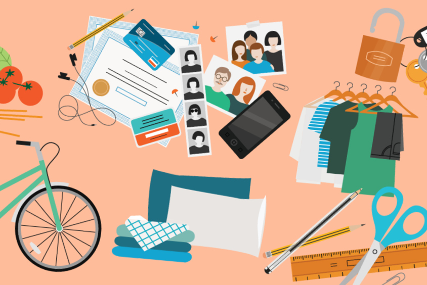 An illustration of some student items including a bicycle, food and clothes